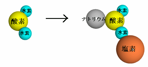 水に塩が溶けて水分子にナトリウムイオンと塩素イオンが付いたイメージ図