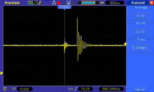 サルフェーション除去装置RVBL-1001のバッテリー未接続時出力波形