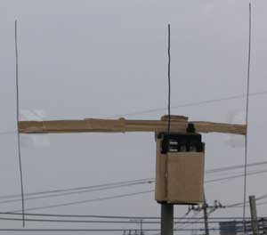 実験用に作った特定小電力トランシーバーの八木アンテナモドキの写真
