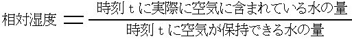 数式を表した図：相対湿度は実際に空気に含まれている水分量割る空気が保持出来る水分量