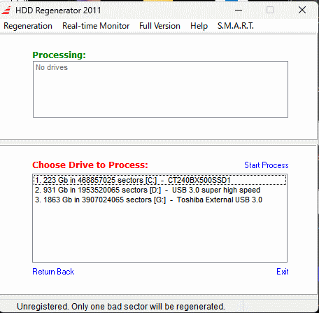 HDD Regenerator2011のHDD選択画面